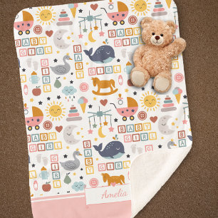 Cute Baby Girl Pink Pattern met naam Sherpa Deken