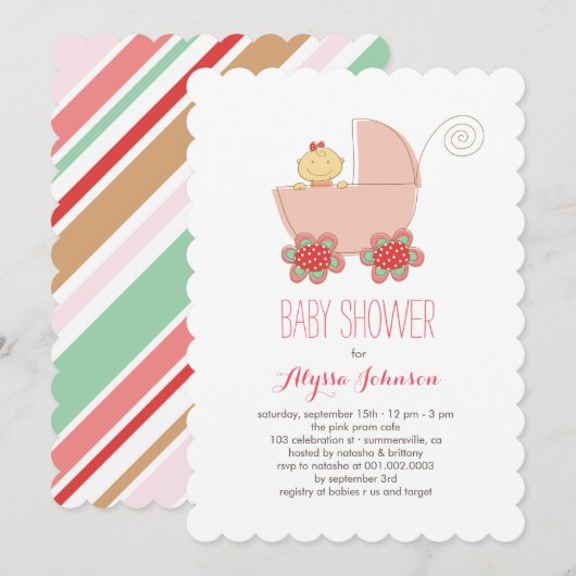 Cute Baby Girl Pink Pram Baby shower Invitation (Devant / Derrière)