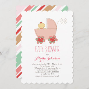 Cute Baby Girl Pink Pram Baby shower Invitation