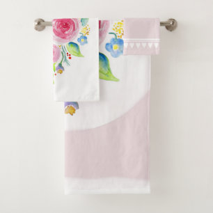 Cute Baby Girl Pink Waterverf Flowers met naam Bad Handdoek