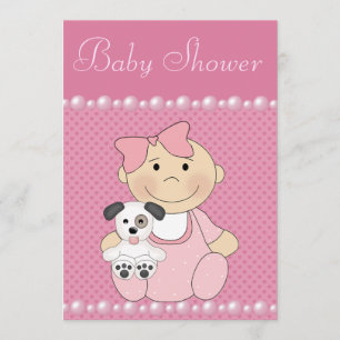 Cute Baby Girl & Puppy Roze Baby shower Kaart