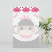 Cute Baby Girl Sock Monkey Pink Black Argyle Briefpapier (Staand voorkant)