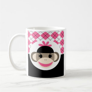 Cute Baby Girl Sock Monkey Pink Black Argyle Koffiemok