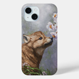 Cute Baby Gray Wolf Pup and Flowers