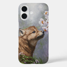 Cute Baby Gray Wolf Pup and Flowers iPhone 16 Hoesje