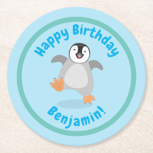 Cute baby happy keperor pinguin cartoon ronde kartonnen onderzetter
