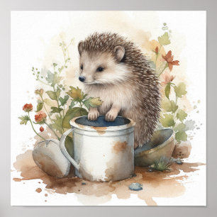 Cute Baby Hedgel in een Vloertuinlijke Waterverf Poster