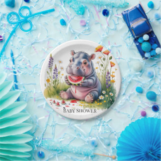 Cute Baby Hippopotamus Watermelon Baby Shower Papieren Bordje