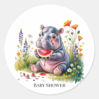 Cute Baby Hippopotamus Watermelon Baby Shower Ronde Sticker