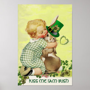 CUTE BABY HUGGING RABBIT Irish St. Patrick's Day Poster