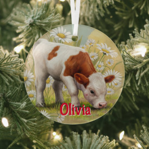 Cute Baby Kalf,Madeliefjes,Platteland,Aquarel Glas Ornament