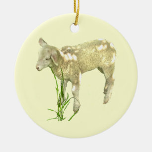 Cute Baby Lamb Eating Grass op Yellow Ornament