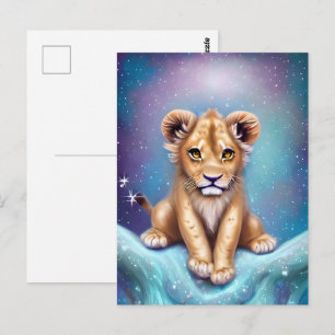 Cute Baby Lion Cub Snowy Background Briefkaart