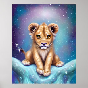 Cute Baby Lion Cub Snowy Background Poster