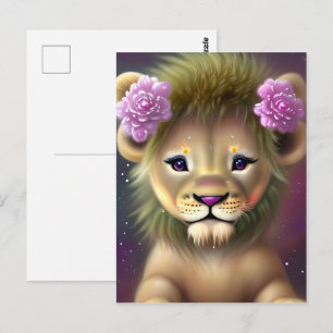Cute Baby Lion met roze bloemen Grafisch Briefkaart