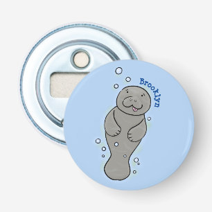Cute baby manatee met bellenillustratie button flesopener