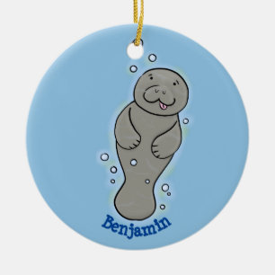 Cute baby manatee met bellenillustratie keramisch ornament