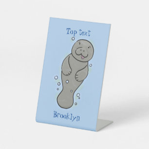 Cute baby manatee met bellenillustratie reclamebord met voetstuk