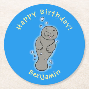 Cute baby manatee met bellenillustratie ronde kartonnen onderzetter