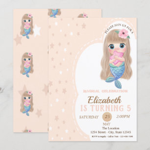 Cute Baby Mermaid Stars Birthday Uitnodiging