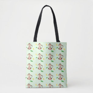 Cute Baby Monkey Bananas Tropical Green Leaf Draagtas