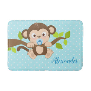 Cute Baby Monkey Blue Polka Dots Badmat