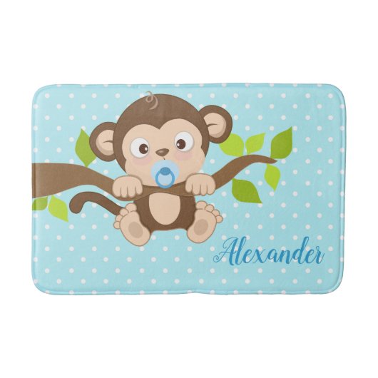 Cute Baby Monkey Blue Polka Dots Badmat (Voorkant)