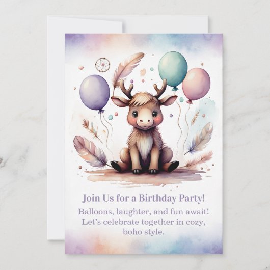 Cute baby Moose Birthday Invitation Woodland Boho (Devant)