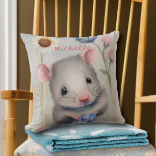 Cute Baby Mouse Pastel Waterverf Spring Flowers Kussen