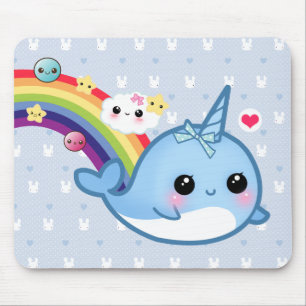 Cute baby narwhal met regenboog, wolken en sterren muismat