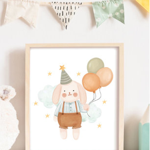 Cute Baby Nursery White Rabbit Cloud and Stars Poster