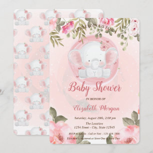 Cute Baby Olifant Bloemige Baby Shower Uitnodiging