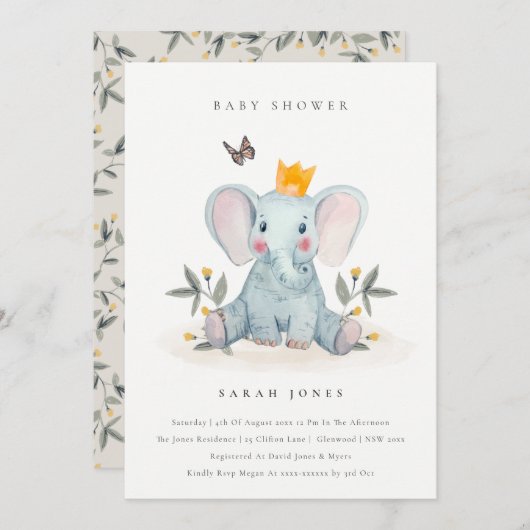 Cute Baby Olifant Foliage Baby Shower Uitnodiging (Voorkant / Achterkant)