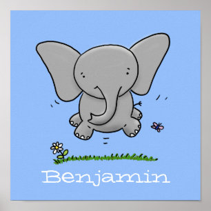 Cute baby olifant springt cartoon illustratie poster