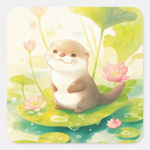 Cute Baby Otter Staand op een Waterlelieblad Vierkante Sticker
