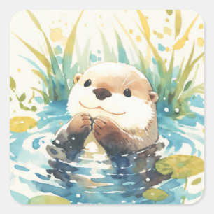 Cute Baby Otter Zwemt in Blauwe Vijver Vierkante Sticker