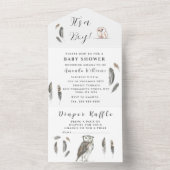 Cute Baby Owl Bird Feathers Bohemian Waterverf All In One Uitnodiging (Binnen)