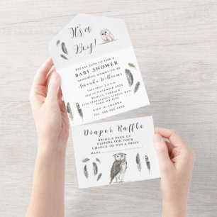 Cute Baby Owl Bird Feathers Bohemian Waterverf All In One Uitnodiging