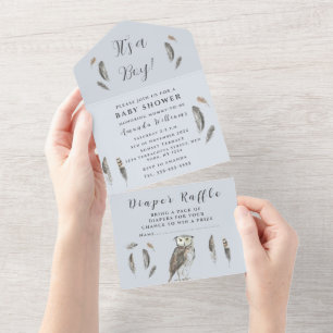 Cute Baby Owl Bird Feathers Bohemian Waterverf All In One Uitnodiging