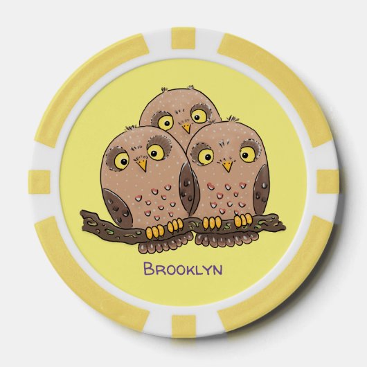 Cute baby owl trio cartoon illustratie poker chips (Voorkant)