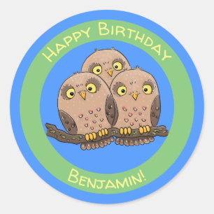 Cute baby owl trio cartoon illustratie ronde sticker