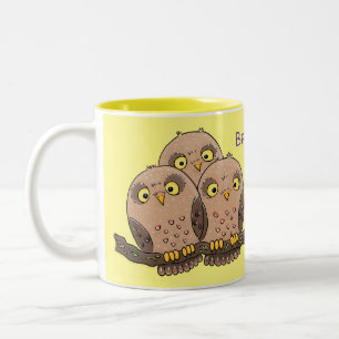 Cute baby owl trio cartoon illustratie tweekleurige koffiemok