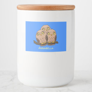 Cute baby owl trio cartoon illustratie voedselcontainer etiket