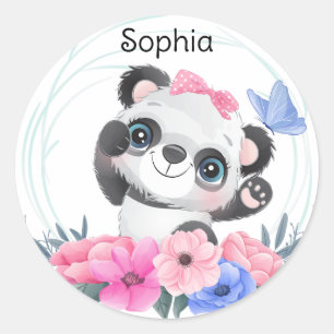 Cute Baby Panda Flower WreatCustom Name Ronde Sticker