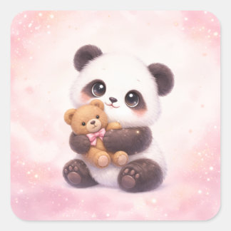 Cute Baby Panda Hugging Teddy Bear Square Sticker