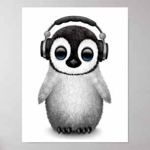 Cute Baby Penguin Dj met hoofdtelefoon Poster