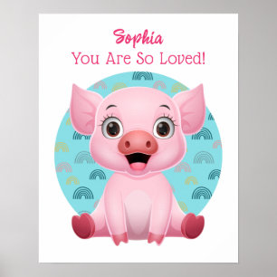 Cute Baby Pig Art, Kindernaam & Bericht Poster
