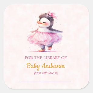 Cute Baby Pinguïn Ballerina Baby Shower Boekplaat  Vierkante Sticker