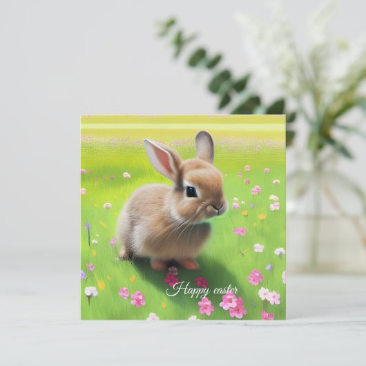 Cute baby rabbit in een bloemwei (Staand voorkant)