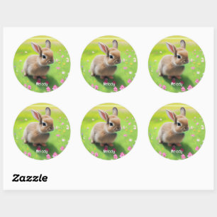 Cute baby rabbit in een bloemwei ronde sticker